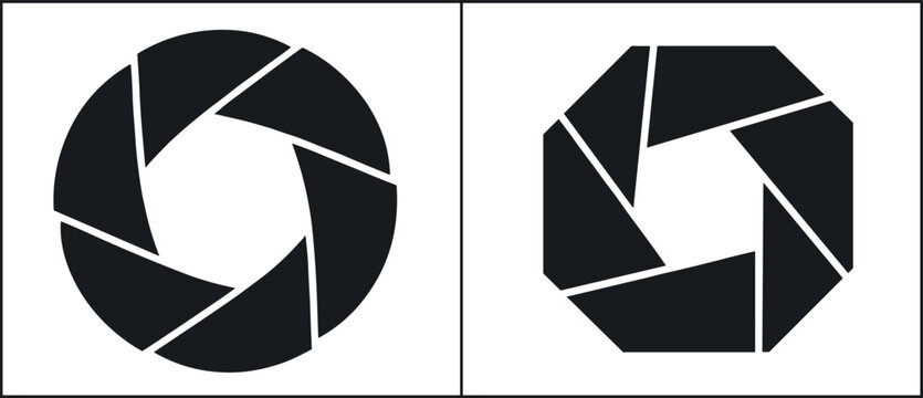 Two minimalist black camera lens aperture icons with sharp geometric openings for professional photography and focus on a white background.