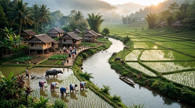 Traditional rice farming village in rural Southeast Asia