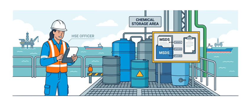 HSE Officer Inspects Chemical Storage Area with MSDS Documents