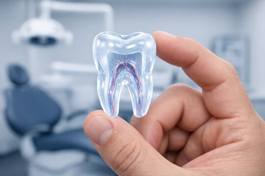 Transparent tooth model with nerves held in hand in dental clinic. Ai generative