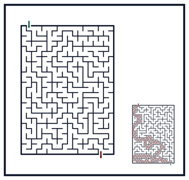 Printable Rectangular Pathfinding Maze with Entrance Exit Markers and Solution for adults: Scripted Content Premium Complex Logic Puzzle Template