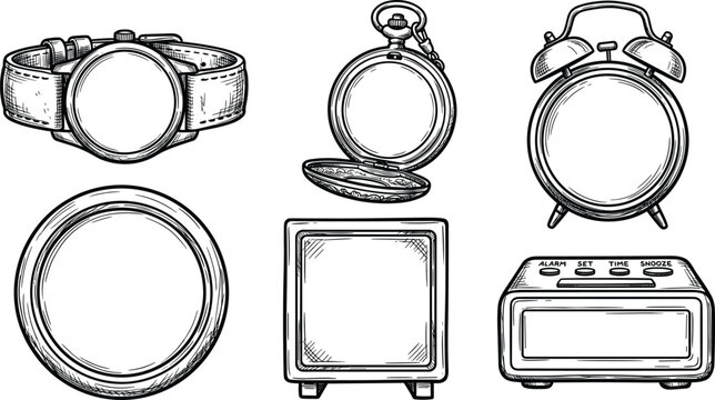 Vintage Clock and Watch Set with Alarm Pocket Watch Frame Hand Drawn Line Art Vector Illustration