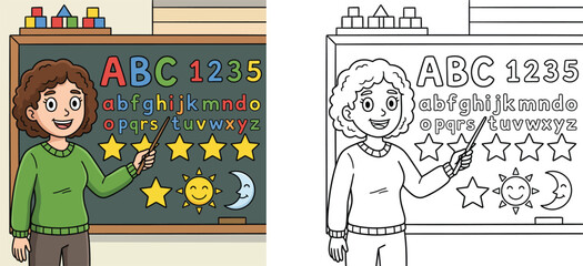 Coloring page with colored sample of a female school teacher in classroom pointing to blackboard vector illustration © MMONIR