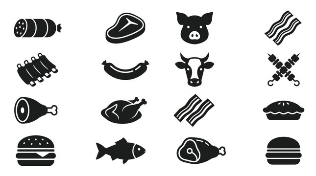 Create a collection of minimalist meat and butcher shop icons.