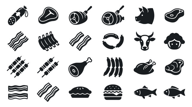 Create a collection of minimalist meat and butcher shop icons.