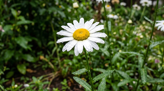 White Daisy Flower with Yellow Center Covered in Morning Dew Drops in a Green Meadow
