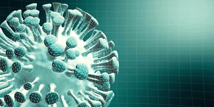 A microscopic view of a dangerous coronavirus particle, depicting its spike proteins and spherical structure, set against a teal grid pattern, signifying illness and scientific research
