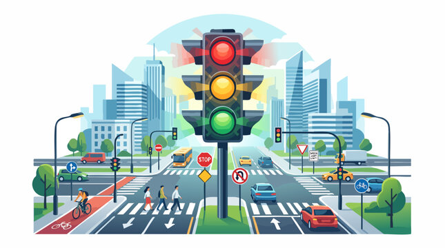 Urban Crossroads: A vibrant illustration depicts a bustling city intersection with a prominent traffic light, showcasing a harmonious blend of urban infrastructure, vehicles, and pedestrian activity.