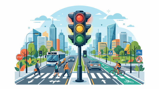 Urban Traffic Control: A vibrant city intersection managed by a traffic light, featuring cars, buses, cyclists, and pedestrians navigating through the bustling urban landscape.