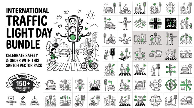 International Traffic Light Day Bundle: A comprehensive collection of sketch vector icons celebrating International Traffic Light Day, featuring traffic signals, pedestrian crossings, cyclists.