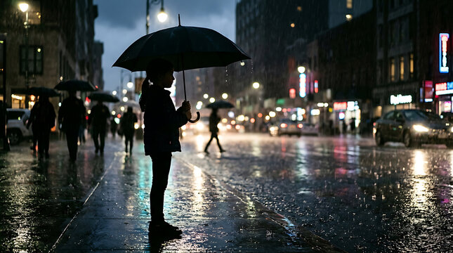 Silhouette of a Person Holding an Umbrella Walking Down a Wet City Street at Night During Rain