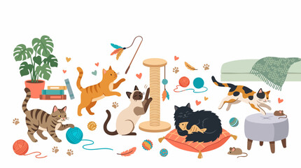 Fototapeta premium Cats Playing Indoors: A vibrant and whimsical illustration depicts a playful collection of cats of various breeds engaging in different activities, surrounded by toys and furniture.