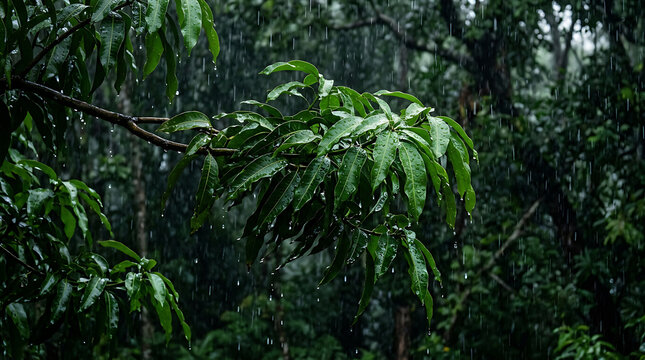 Lush Green Tree Branch with Wet Leaves in a Dense Forest During Heavy Rain