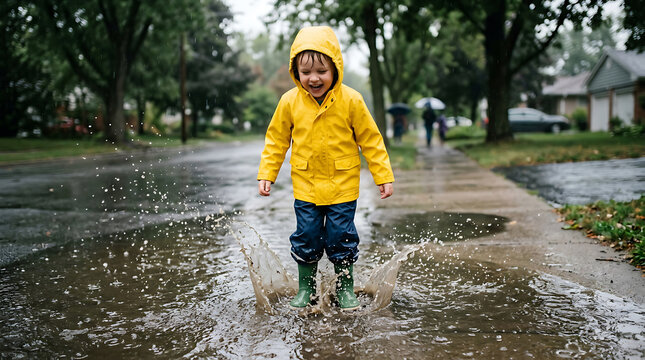 Happy Child in Yellow Raincoat and Boots Jumping in Rain Puddle Holding Blue Umbrella