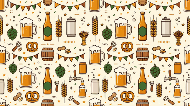 Oktoberfest Pattern: A vibrant seamless pattern celebrating Oktoberfest, featuring iconic elements like beer mugs, bottles, pretzels, hops, wheat, and festive bunting.