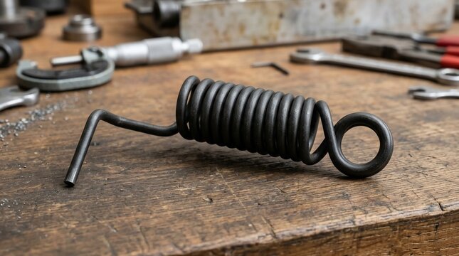 Metal coil spring on a wooden workbench in a workshop