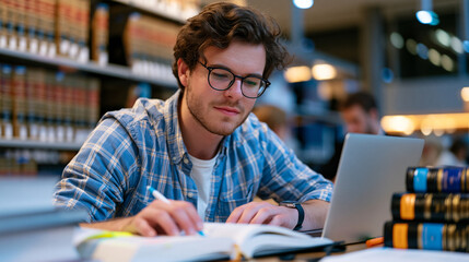 Fototapeta premium Young law student researching appellate court decisions alone in university law library at midnight, surrounding stacks of legal reporters, highlighter-marked casebooks, academic legal research, bar