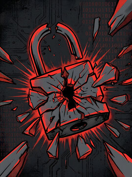 Cybersecurity Breach and Data Hack Concept with Broken Padlock Illustration halftone effect background