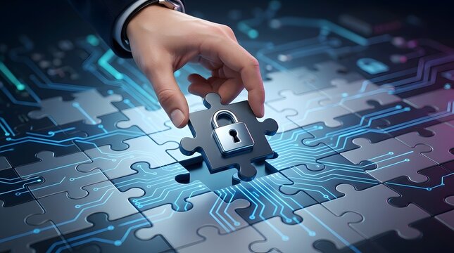 Hand placing a crucial puzzle piece with a padlock, symbolizing digital security, network protection, and robust data privacy solutions.