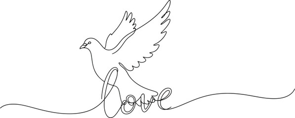 Obraz premium Minimalist continuous line drawing of a dove with the word love vector art