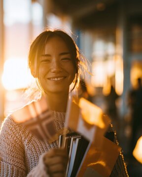 Smiling young woman holding a flag and notebooks in golden sunset light for study-abroad and language learning marketing