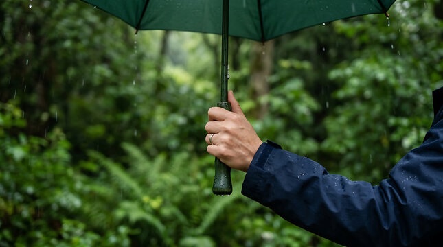 Person in Raincoat Holding a Green Umbrella While Hiking on a Wet Trail in a Lush Green Forest