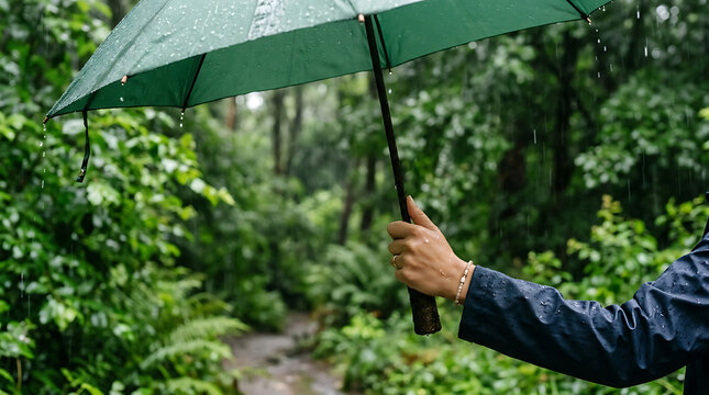 Person in Raincoat Holding a Green Umbrella While Hiking on a Wet Trail in a Lush Green Forest