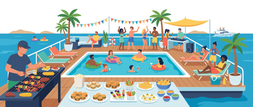 Floating Party: Pool BBQ, Music, Drinks on Yacht Deck with People Enjoying Summer Vacation