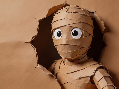 Paper mummy figure emerging from torn paper