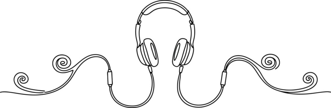 Minimalist continuous line drawing vector headphones with abstract swirls