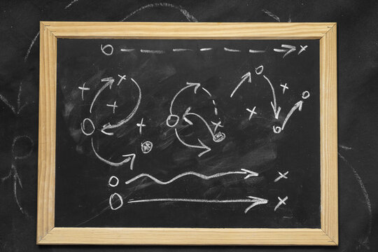 Tactic plan. Hand drawn arrows as strategy scheme sketch, isolated on on the black chalkboard. Business or sport succes concept.