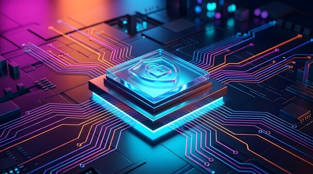 Advanced cybersecurity concept featuring a glowing shield icon on a high-tech motherboard, representing ultimate data protection in the digital era.