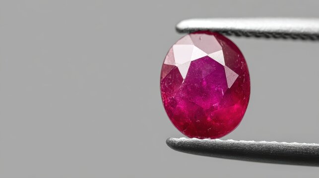 Oval Cut Ruby Gemstone: A stunning oval-cut ruby gemstone, meticulously held by tweezers against a neutral backdrop, showcases its vibrant crimson hue and brilliant facets.