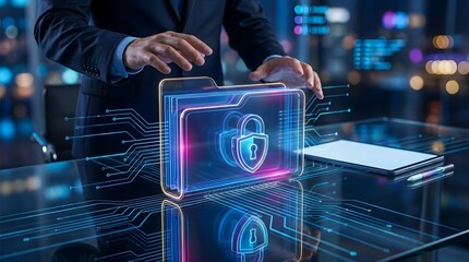 Fototapeta premium Professional Businessman Securing Digital Data with Advanced Cybersecurity Protocols on a Futuristic Holographic Display