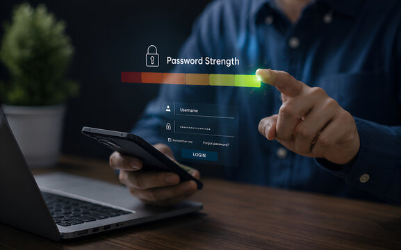 Person using tablet and drawing virtual password strength meter, concept of strong password creation, account security, login protection, cyber safety, and data privacy compliance.