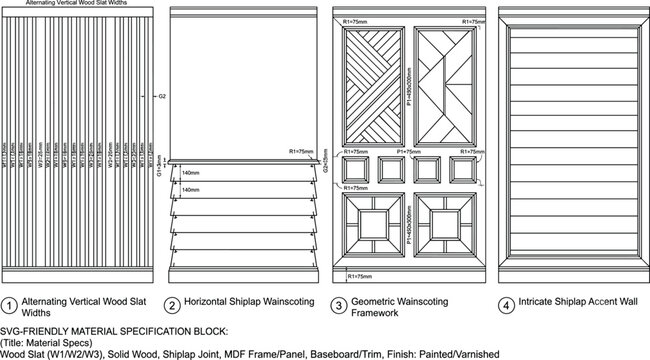 Wall paneling and wainscoting vector line icon set showing architectural wood molding and trim specifications