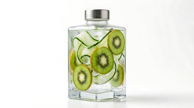 Clear glass square bottle filled with fresh sliced green kiwi fruit and cool cucumber ribbons in sparkling mineral water