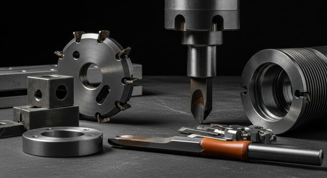 Close-up view of precision metal cutting tools and industrial machinery components
