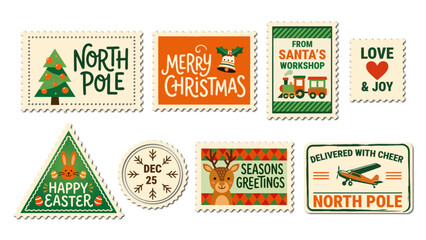 Vintage holiday stamps set with festive messages and illustrations © Rayhan Studio 