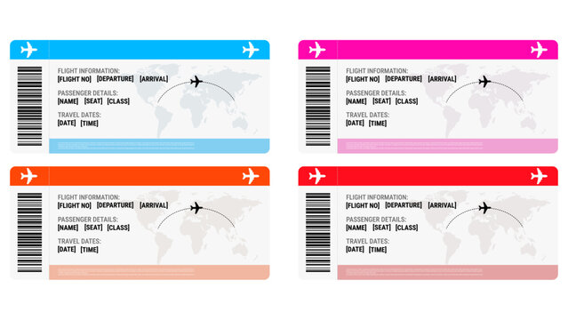 Set of colorful digital airline boarding passes design mockup