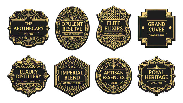Vintage whiskey brand labels with ornate designs