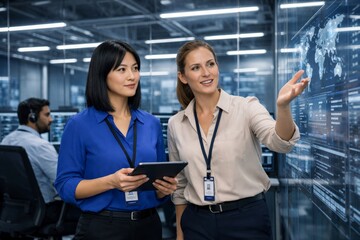 Fototapeta premium Team analyzing digital data wall in modern control room.