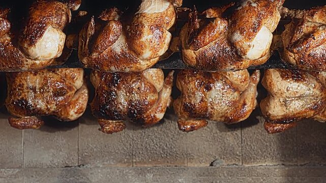 Rows of Authentic Peruvian Rotisserie Chicken Roasting on a Spit