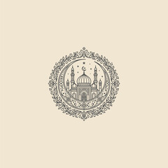 Obraz premium Elegant Mosque Emblem with Crescent Moon and Decorative Floral Frame Vector Illustration