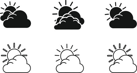 Fototapeta premium Weather forecast icon set with sun and clouds, partly cloudy day symbols, black silhouette and outline style, meteorology vector illustration, isolated white background,