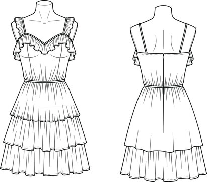 Women fashion dress flat sketch vector illustration featuring tiered ruffle skirt sleeveless bodice and frill strap details for apparel design and garment technical drawing