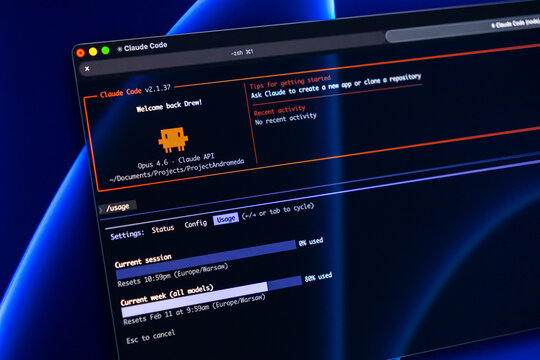 Poznan, Poland - February 9, 2026: Claude Code command line interface displaying repository activity and usage analytics on a dark digital workspace for modern software development
