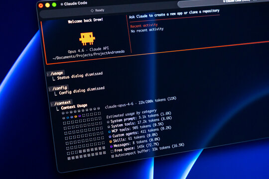 Poznan, Poland - February 9, 2026: Claude Code interface displaying technical AI software configuration details on a dark monitor screen for efficient programming and development
