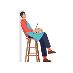 Fototapeta premium Tired artist sleeping on a wooden stool while holding a palette
