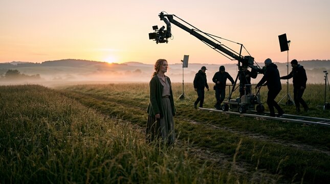 Actress in period costume filming a scene in a foggy field at sunrise. Behind the scenes of a movie production with a large camera crane